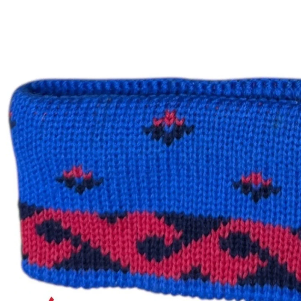 Vintage Lands End Wool‎ Beanie Headband Set Blue Red Geometric Pom Pom One Size